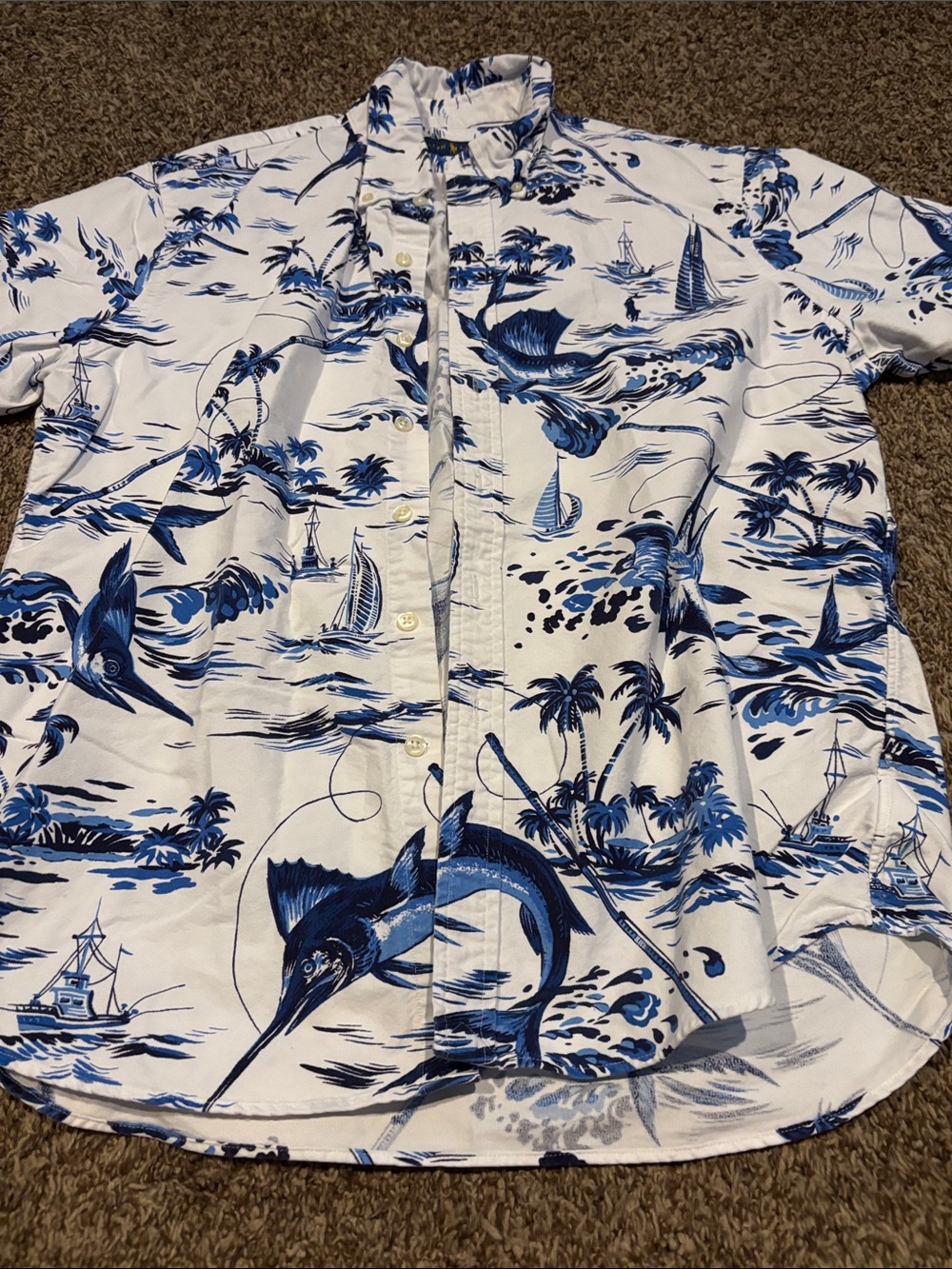 Ralph Lauren White Shirt with Blue Sailfish & Tropical Print